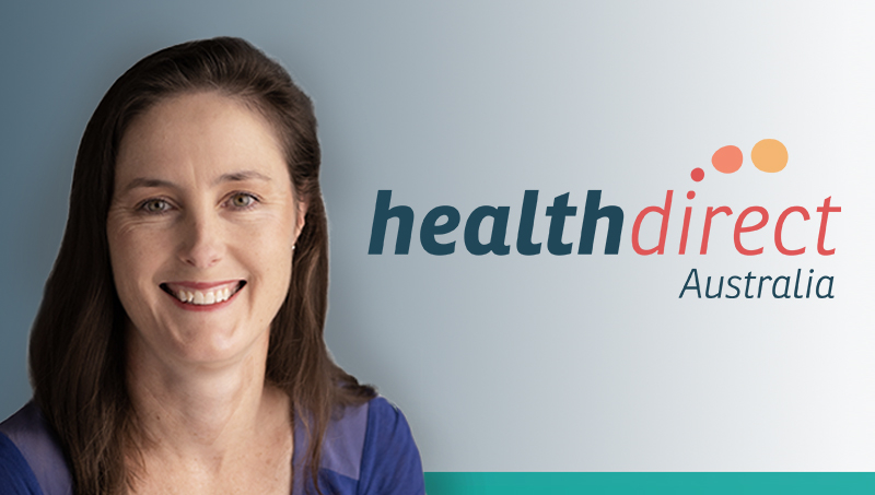 Head shot of Bettina McMahon with Healthdirect Australia logo