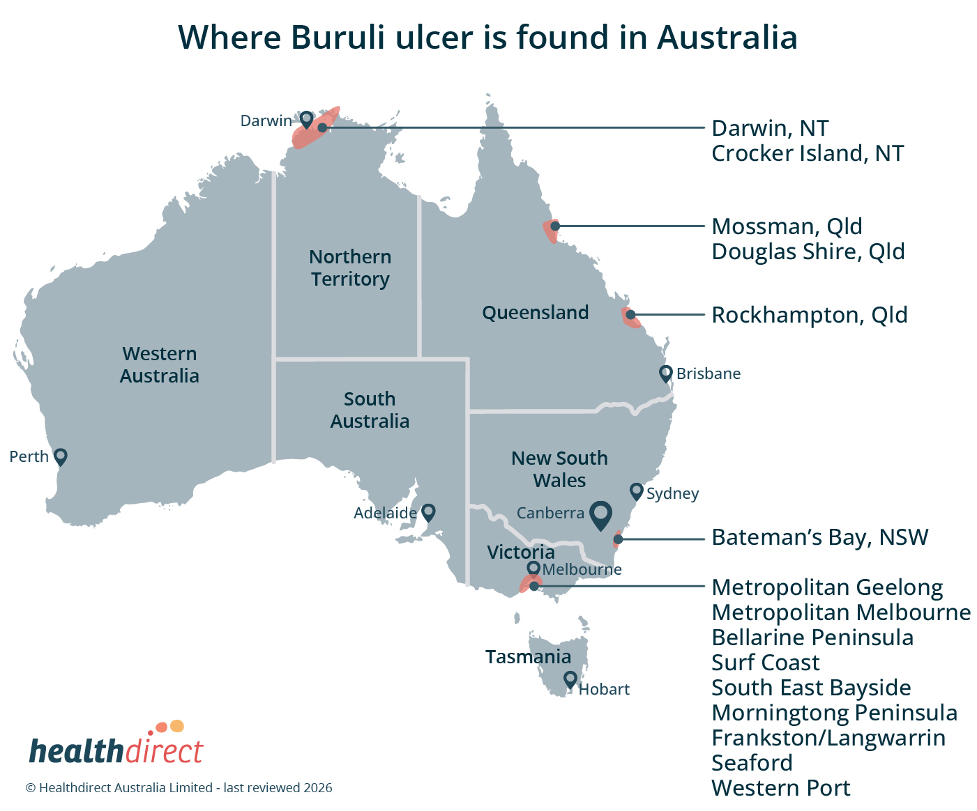Map of where Buruli Ulcer has occurred in Australia