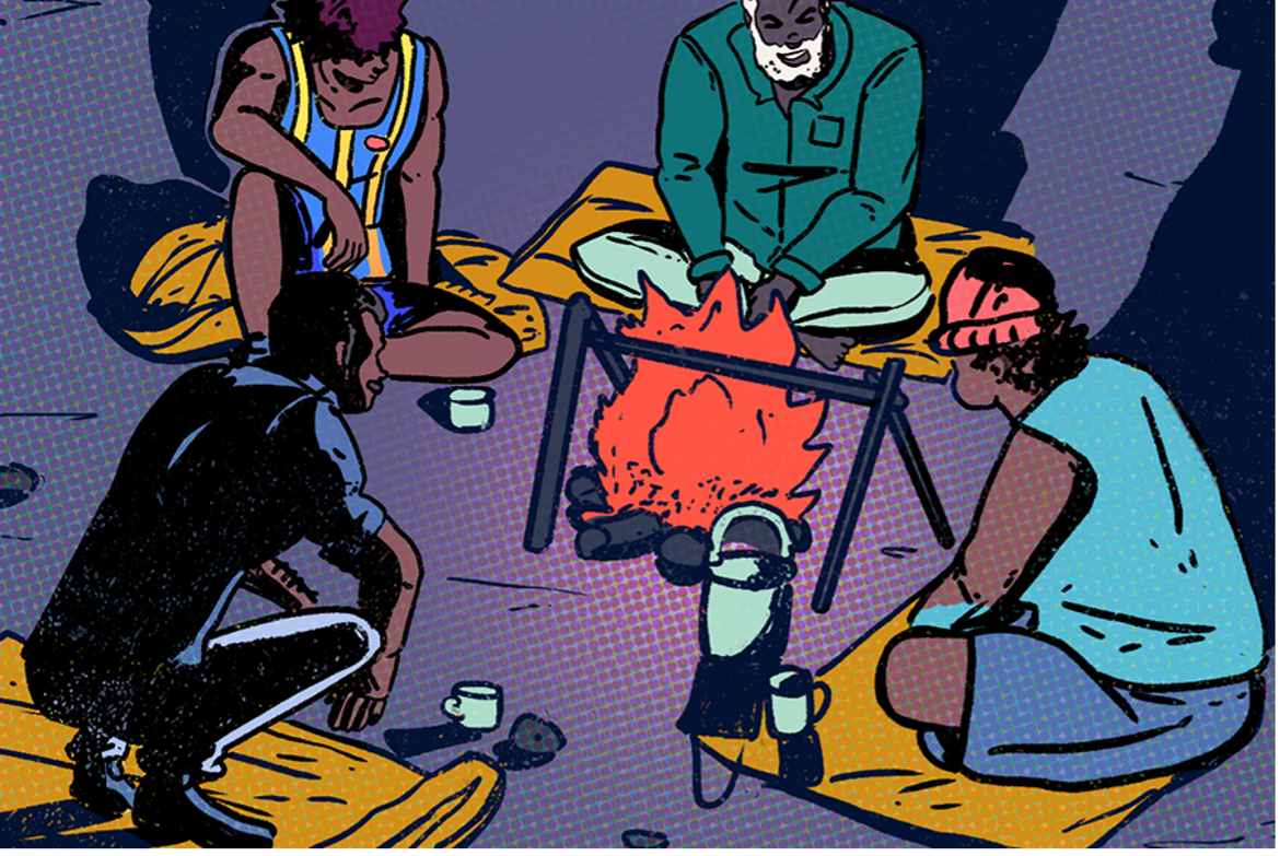 First Nations people yarning around the fire